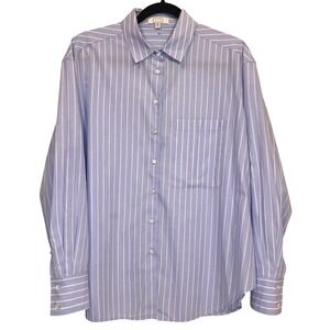AYR The Deep End Button Down Women L Blue Striped Cotton Long Sleeve Shirt